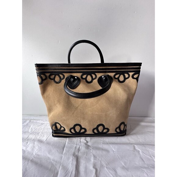 BODE Trefoil Tote Bag Black Beige Suede Leather - Picture 4 of 11